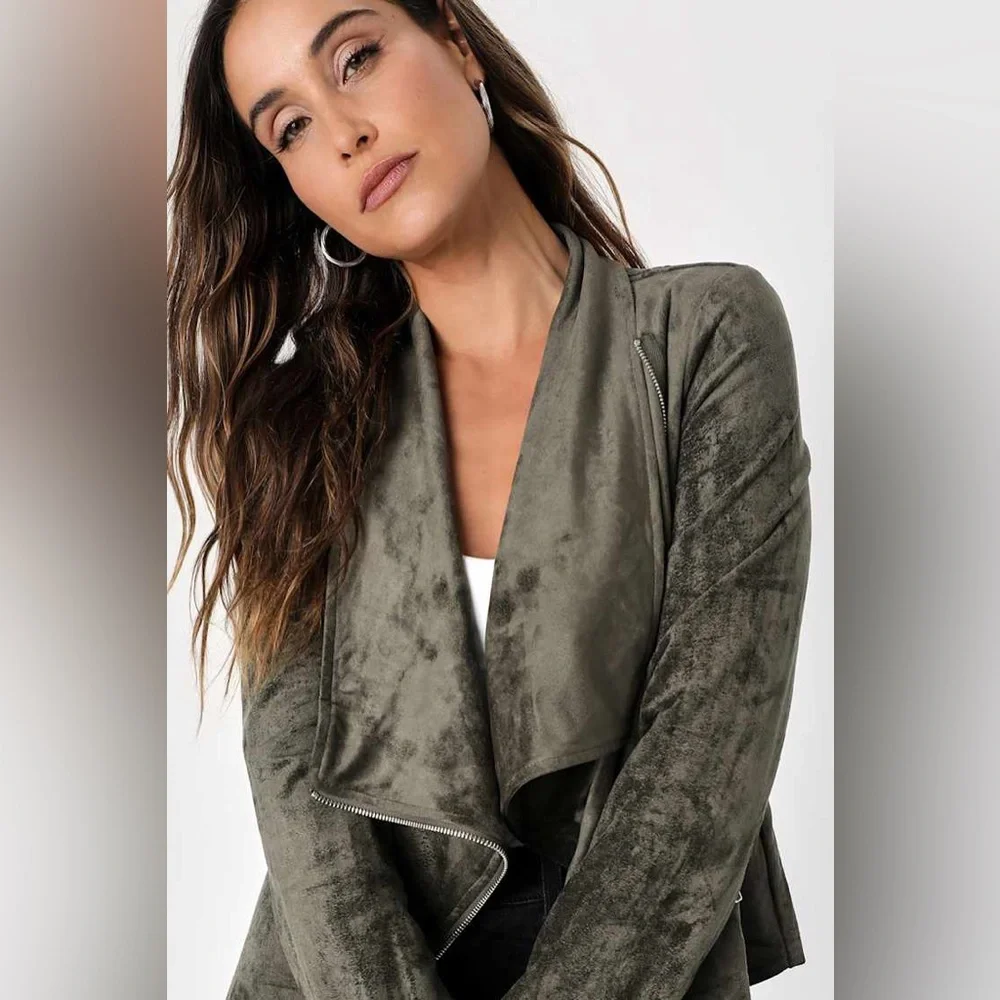 Lulus Wild at Heart Olive Green Vegan Suede Moto Jacket 🫒✨ - Picture 2 of 8